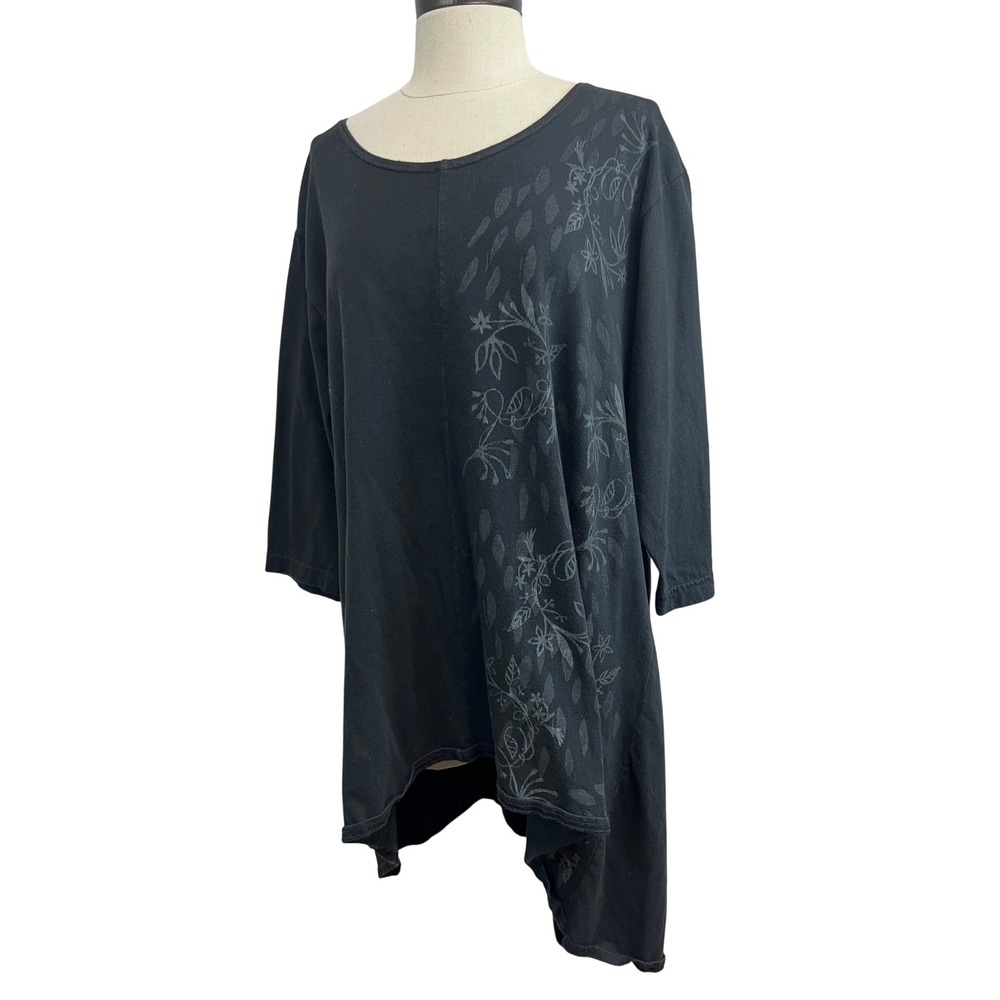 Blue Fish Tunic‎ Top Women L Black Good Organic Cotton Hand Printed USA Made